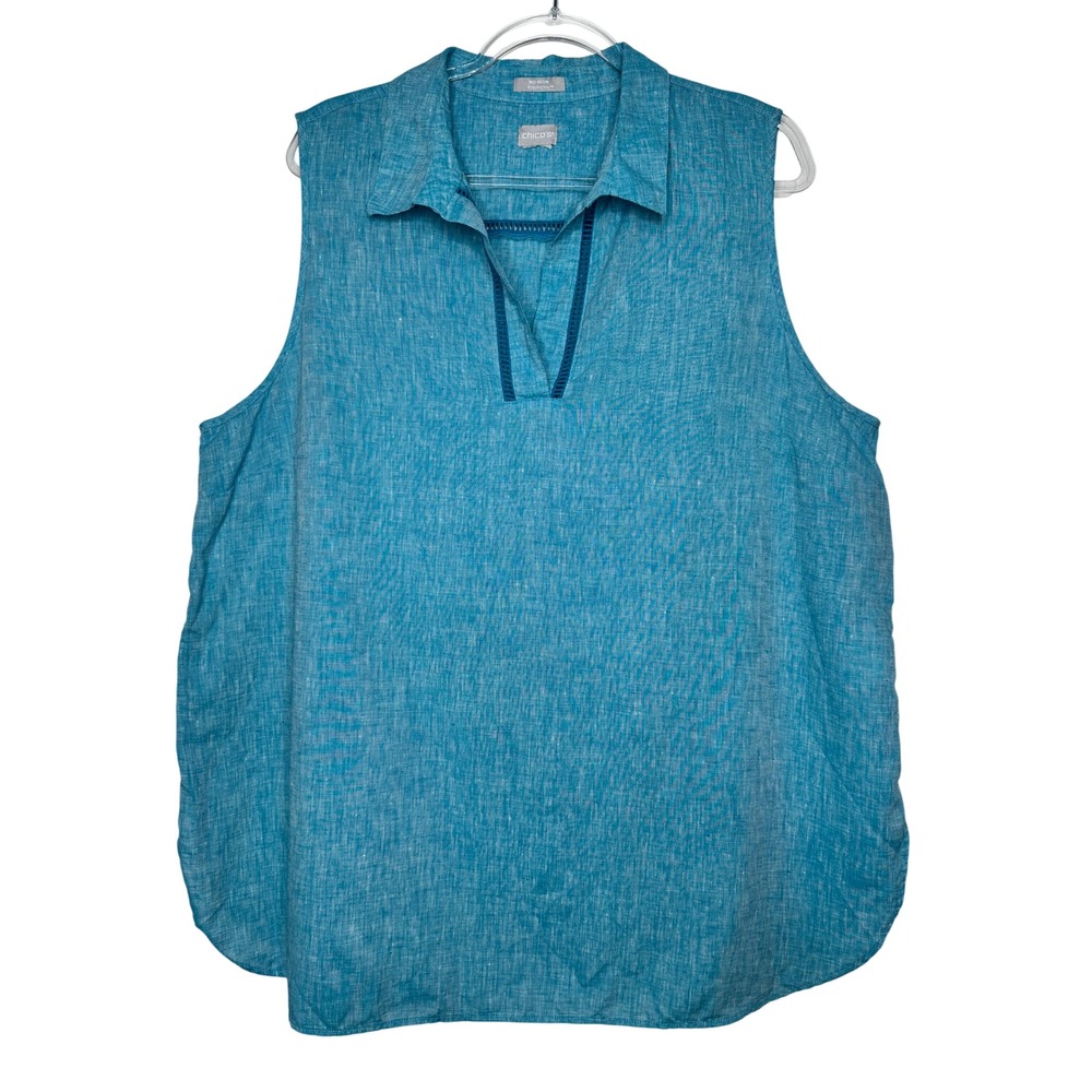 Chicos Sleeveless Tunic Top XL 3 Blue No Iron Linen Ladder Stitch V-Neck